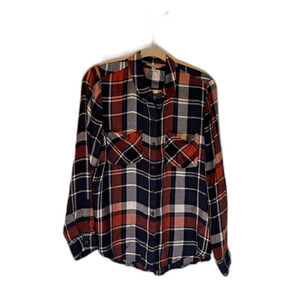 Lucky Brand Top M Blue/White/Burgundy Plaid Button Up Lng Slve Cabincore Casual